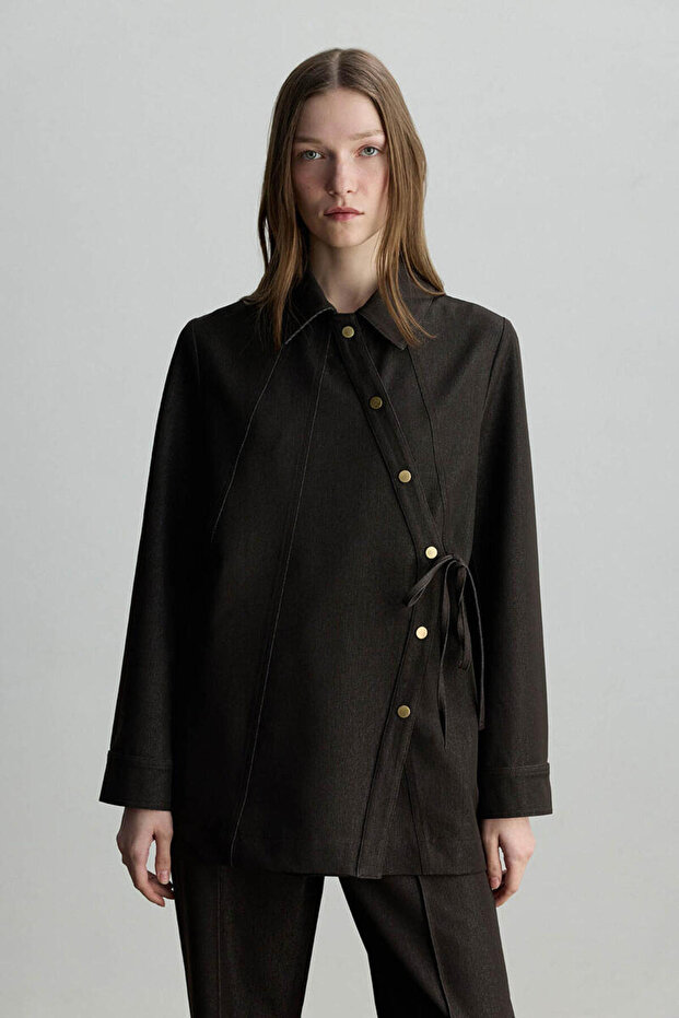 Brown Asymmetric Closure Denim Jacket