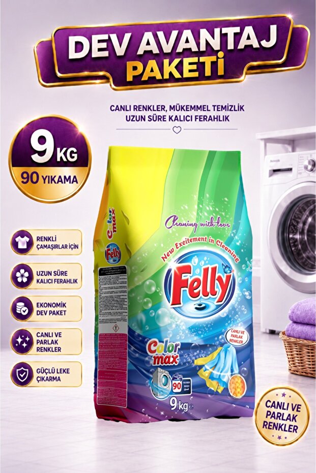 FELLY 9 KG Renk Koruyucu Toz Deterjan – Ekonomik Aile Boyu Güçlü Temizlik