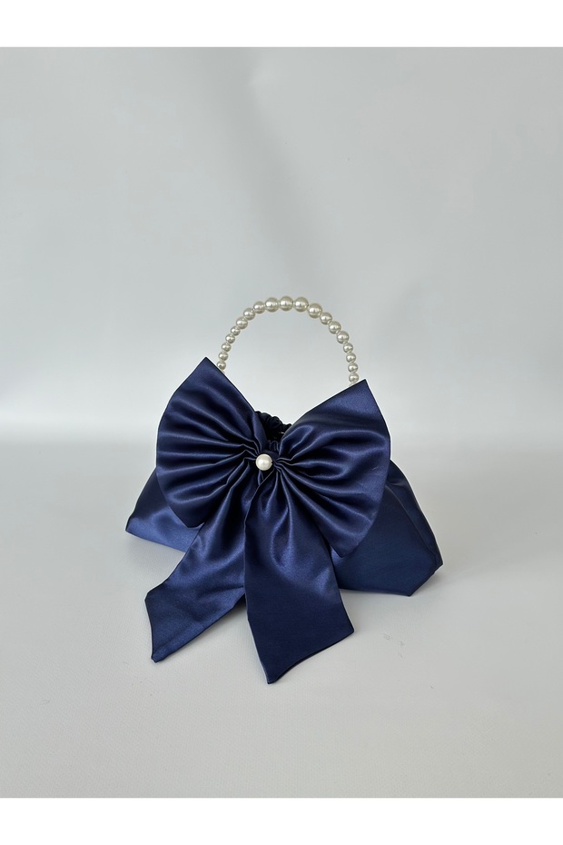 Shiny Navy Blue Satin Bow Portfolio Evening Dress Handbag
