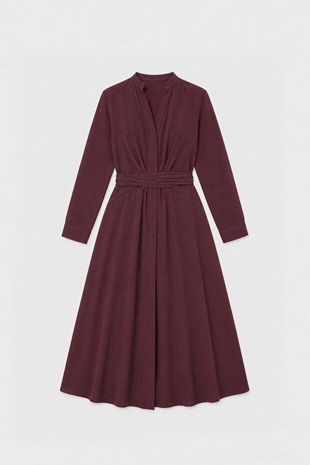 Burgundy 100% Lyocell Belted Women's Dress