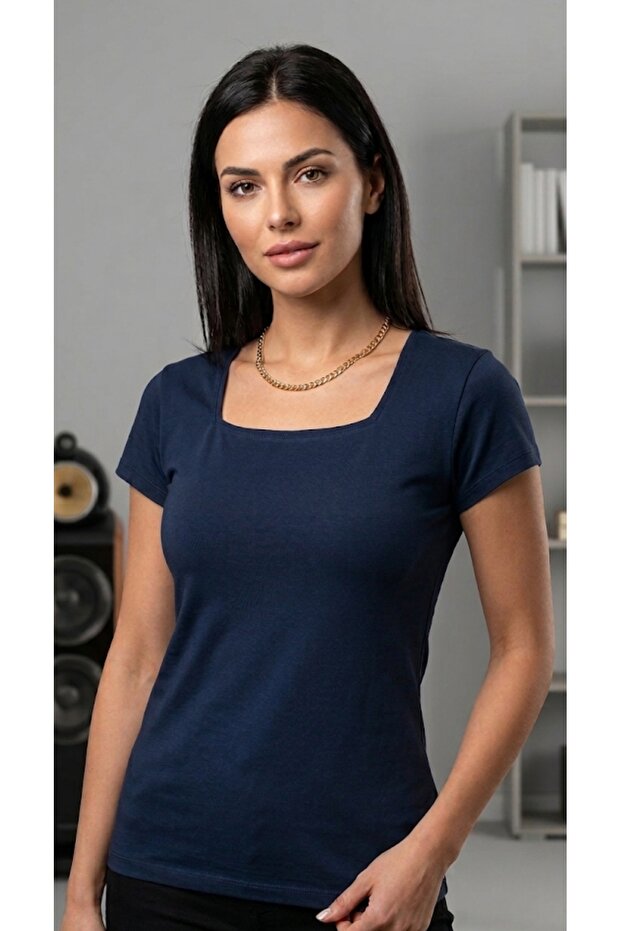 Women's Dark Navy Blue Square Neck Short Sleeve Bodysuit
