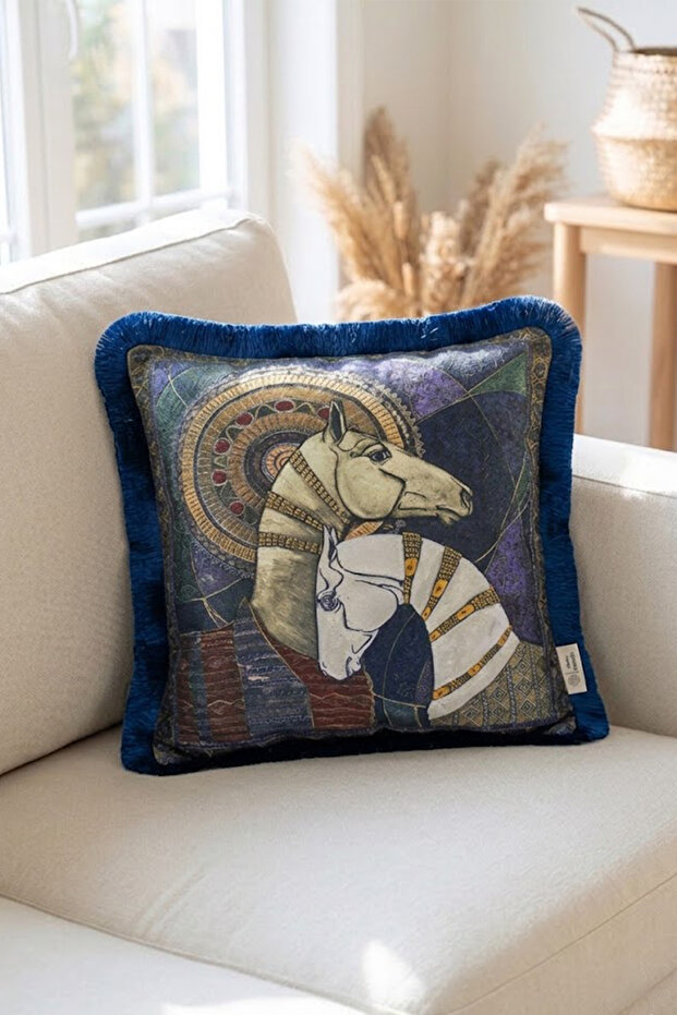 Tasseled, Horse Patterned 43x43cm Decorative Square Throw Pillow Cover, Digital Printed