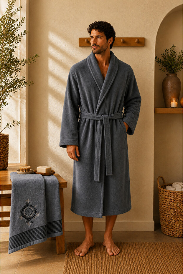 Nevra Towel Embroidered 100% Cotton Soft 2-Piece Bathrobe - Hair Towel Set / Dowry Set / Hammam Set