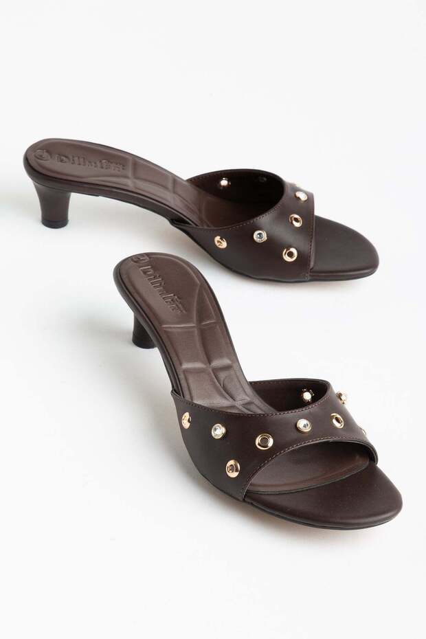 Large Size Women's Heeled Slippers Brown Stoned Trocked Round Toe