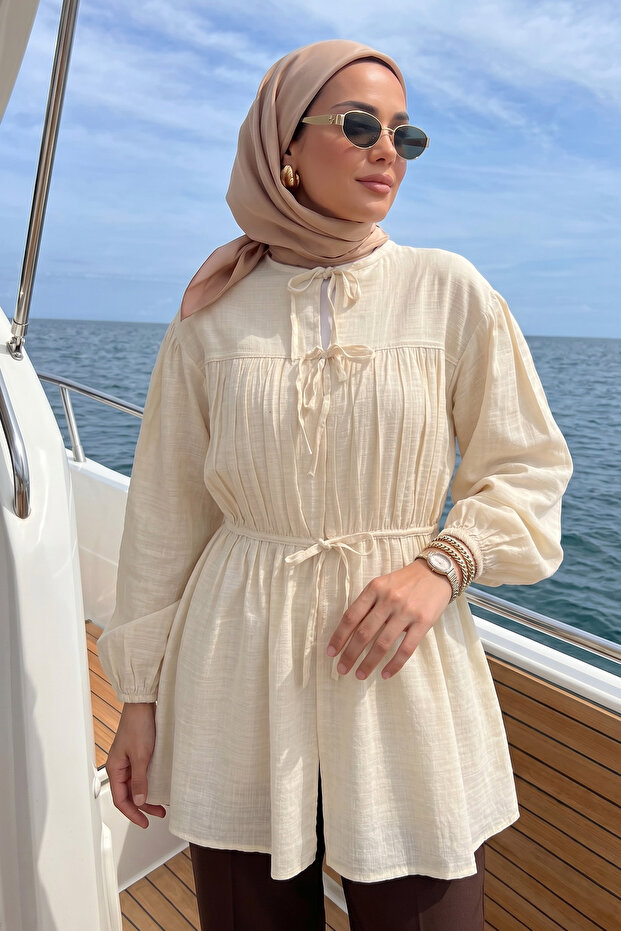 تونيك طويل برباط أمامي 262338 - بيج