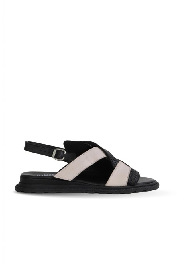 Black Gray Leather Women's Sandals 01Wy5401