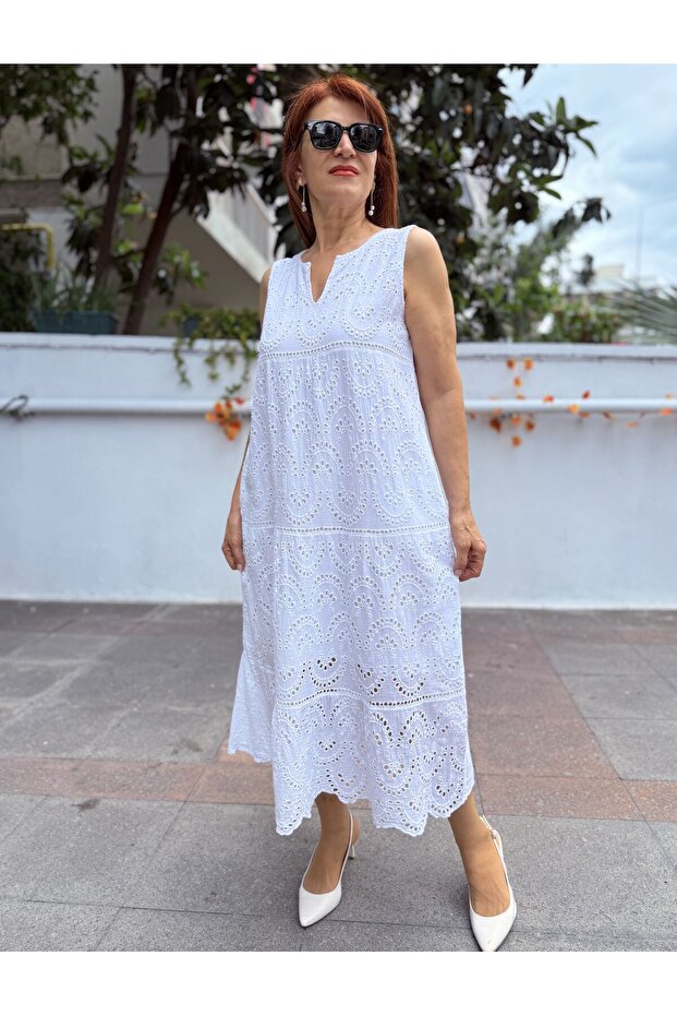 Rochie lungă brodată, căptușită, albă KolBerli - 4
