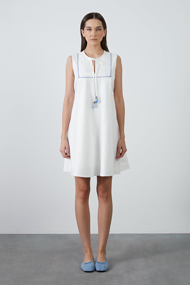 Ecru Poplin Dress with Ornamental Stitching Detail
