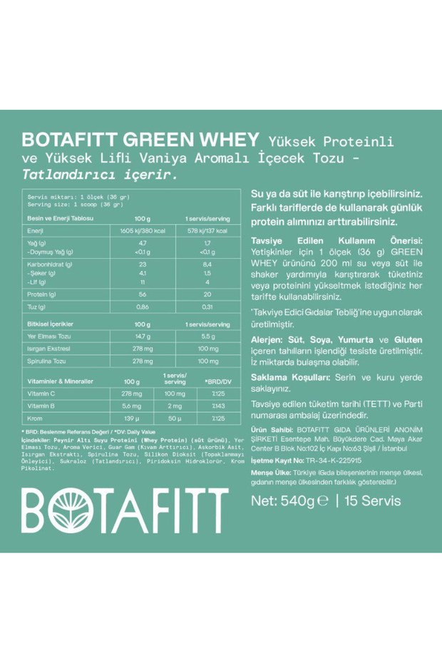 Green Whey Vanilya 20g Protein ve 4g Lif Desteği İnülin Lif, Spirulina, Isırgan Otu, Krom Pikolinat içeren toz ürün - 3