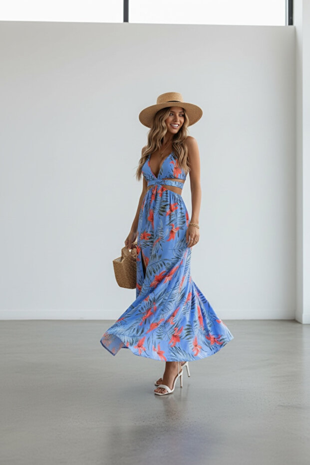 Blue Tropical Patterned Low-Cut Strap Summer Maxi Dress – Back Detail Beach & Vacation Dress