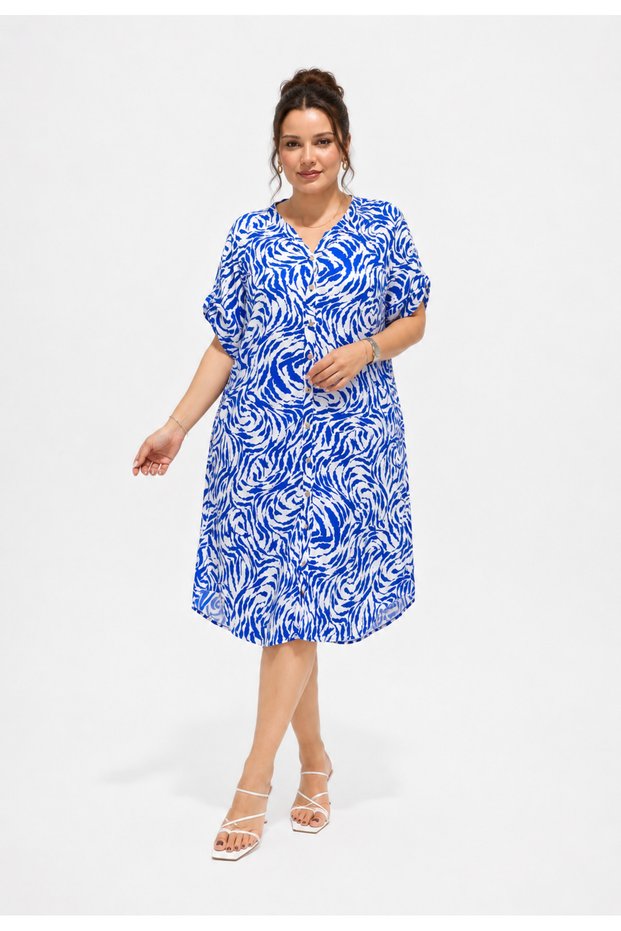 Women's Plus Size Patterned V-Neck Cotton Viscose Oversize Loose Cut Midi Dress