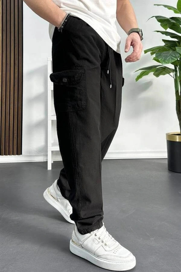 Men's Baggy Fit Cargo Pocket Trousers Black Edw131