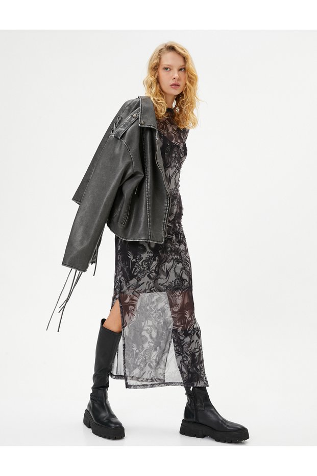 Tulle Long Dress Patterned Slit Long Sleeve Round Neck Half Lined