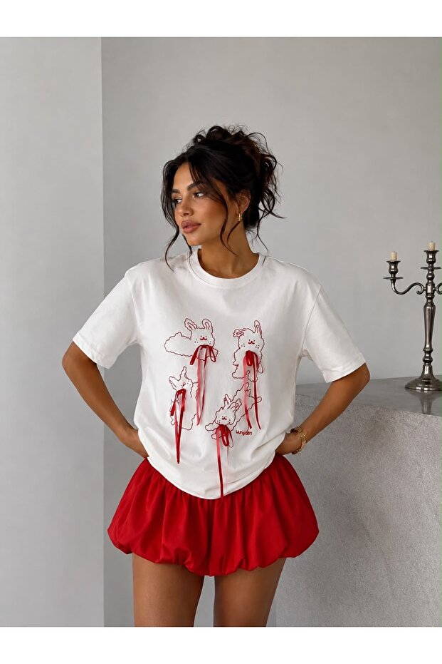 Women's Ribbon Detailed 100% Cotton Basic T-Shirt