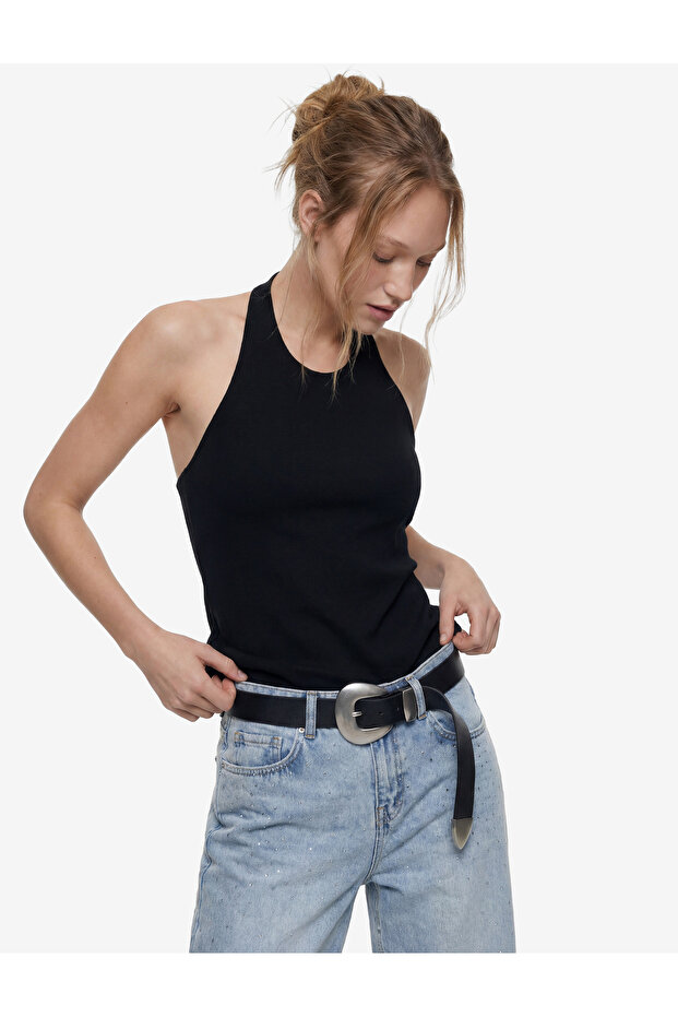 Slim Fit Waist Accent Halter Neck Sleeveless Peplum Blouse