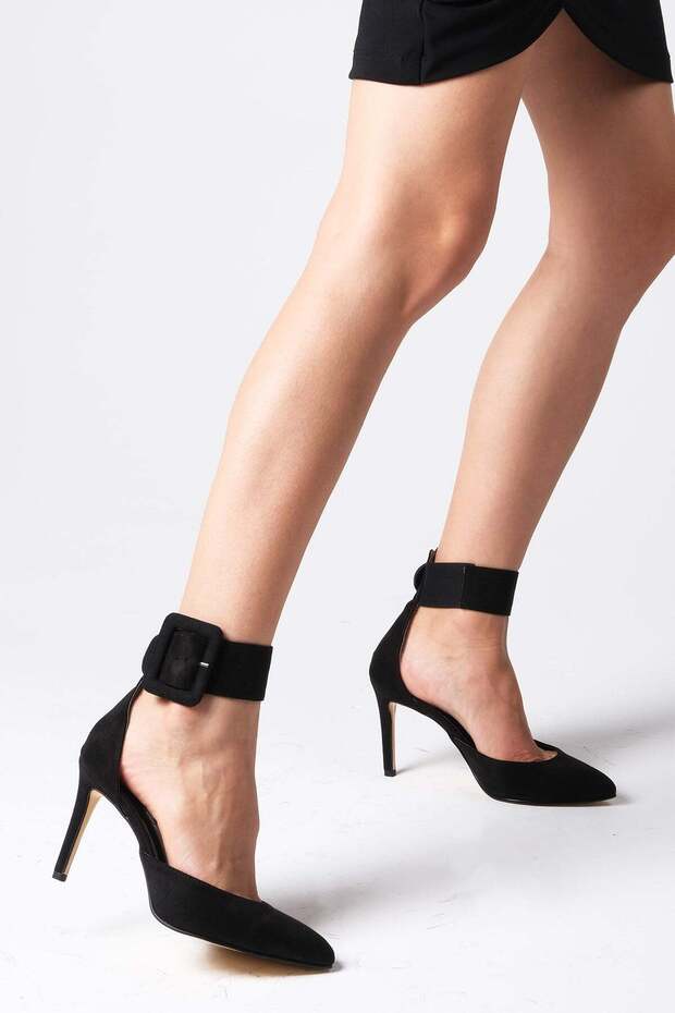 Olimpia Black Color Suede Thick Ankle Strap Women's Heeled Shoes