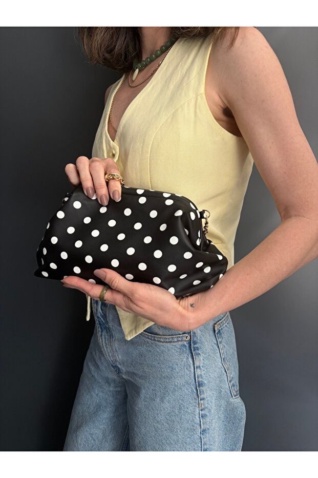 Women's Black Polka Dot Patterned Leather Clutch Crossbody Bag with Chain Strap