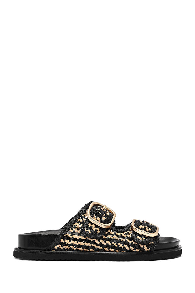 Women's Black Double Buckle Straw Leather Slippers 25Sfd5506M7