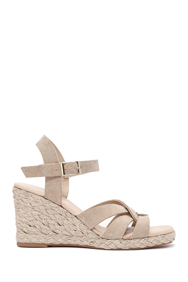 Women's Cream Ankle Buckle Wedge Heeled Suede Leather Espadrille 26Sfd151910