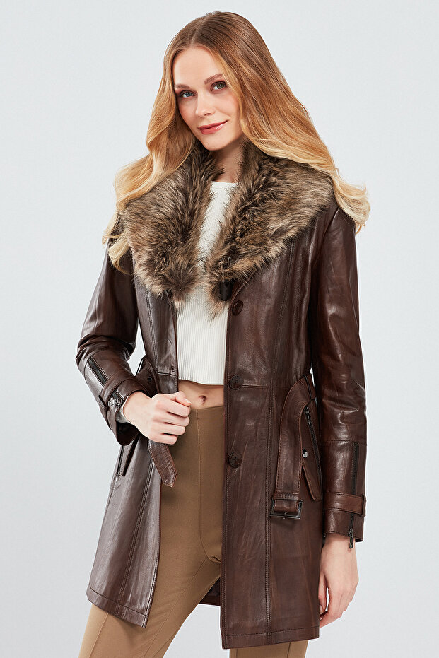 Rhoda Women's Brown Fur Leather Trench Coat 20Wge5886Nc