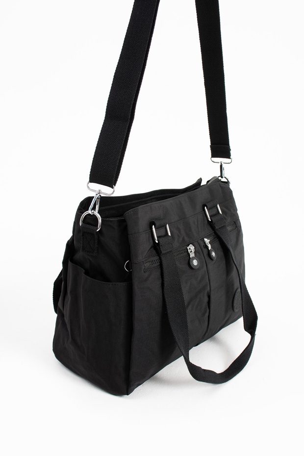 Black Women's Large Size Waterproof Crinkle Fabric Crossbody and Shoulder Strap Bag with Compartments