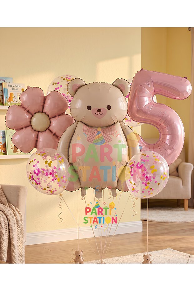 Cute Teddy Bear 5 Years Old Balloon Set Retro Pink Teddy Bear Concept Birthday Set