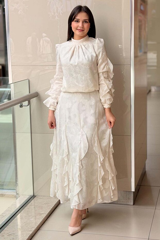 Jacquard Ruffle Detailed Organza Blouse Skirt Set