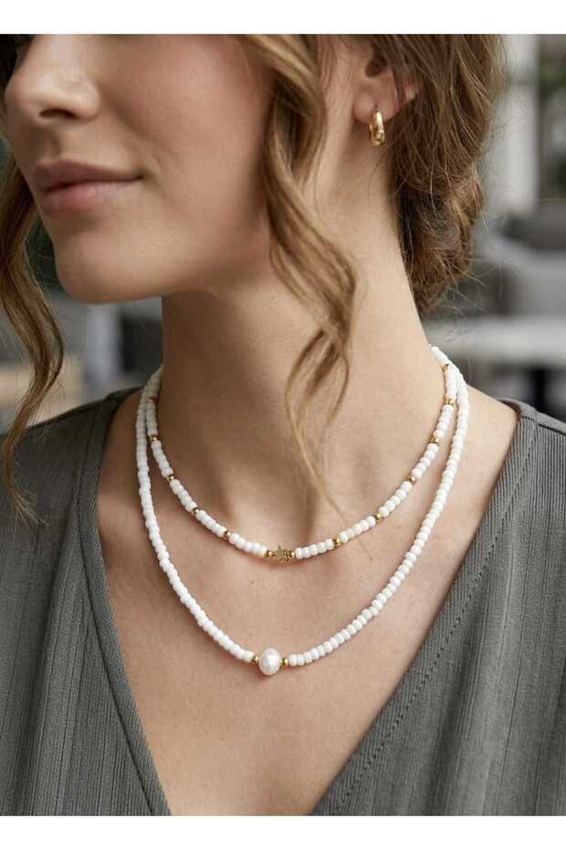 Double Sand Beads Pearl Necklace