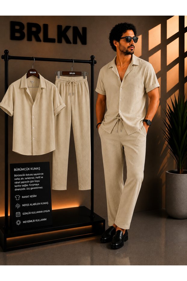 Boyfriend Fit Waffle Fabric Alaçatı Style Unisex Wrinkled Short Sleeve Shirt Track Suit
