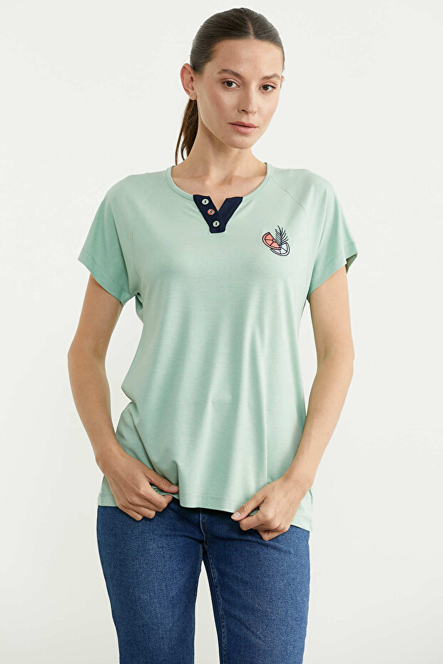 Bluză combinată tricotată verde brodată - 2