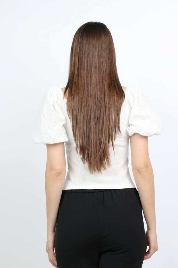 Short Puff Sleeve Square Neck Solid Blouse - 3