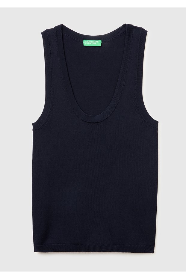 Women's navy blue viscose blend slim fit wide round neck tank top