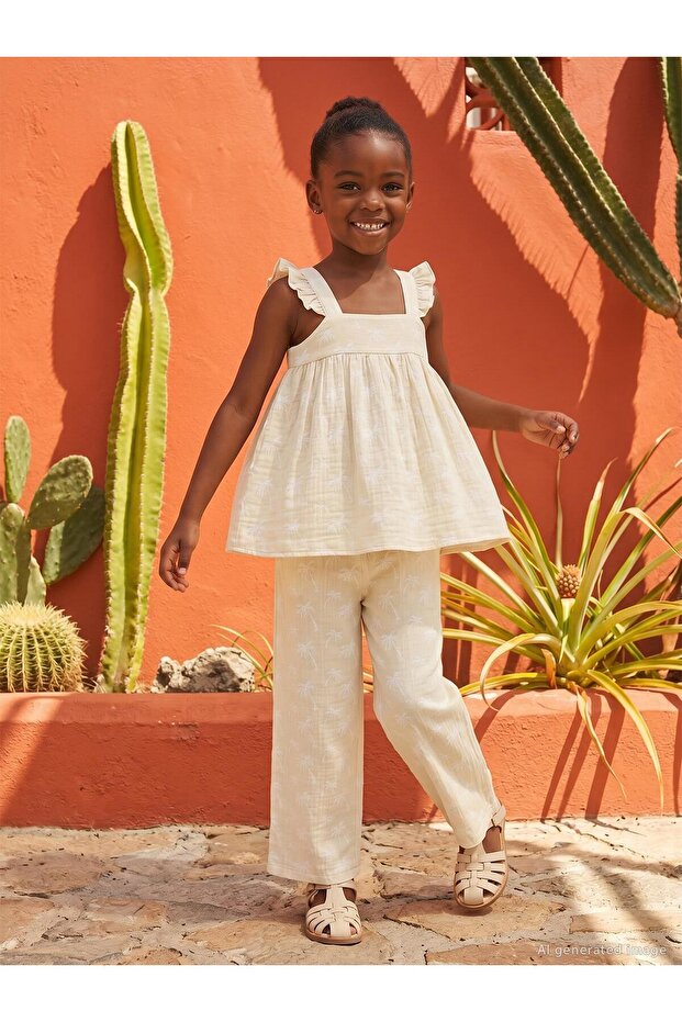 Palm Tree Patterned Set for 6-9 Years - Ivory