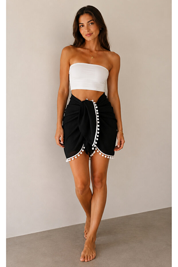 Black Pareo with White Pompom Piping Detail