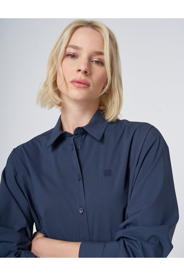 Buttoned Cotton Basic Shirt Navy Blue - 7