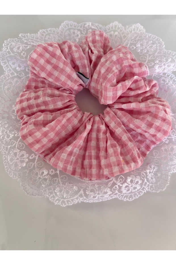 White Lace Ruffle Detailed Pink Gingham White Scrunchie Elastic Hair Tie