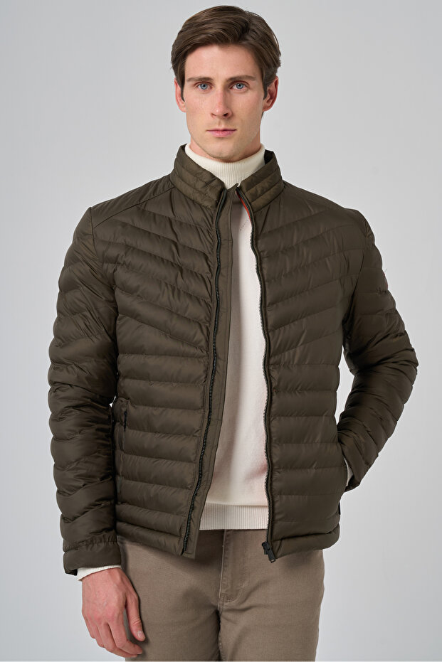 Men's Khaki Polyester Short Quilted Jacket