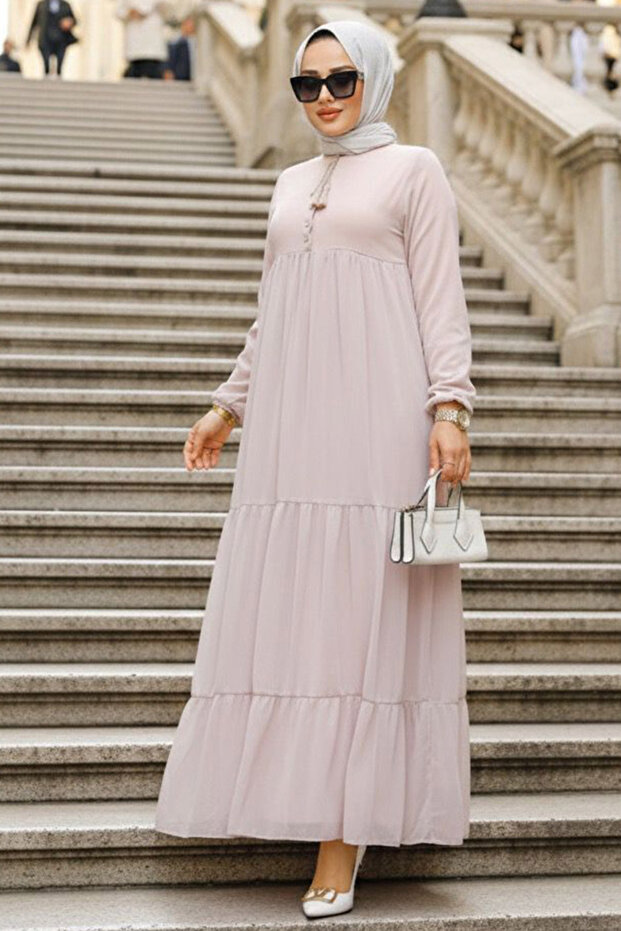 Layered Pleated Powder Hijab Dress 22051PD