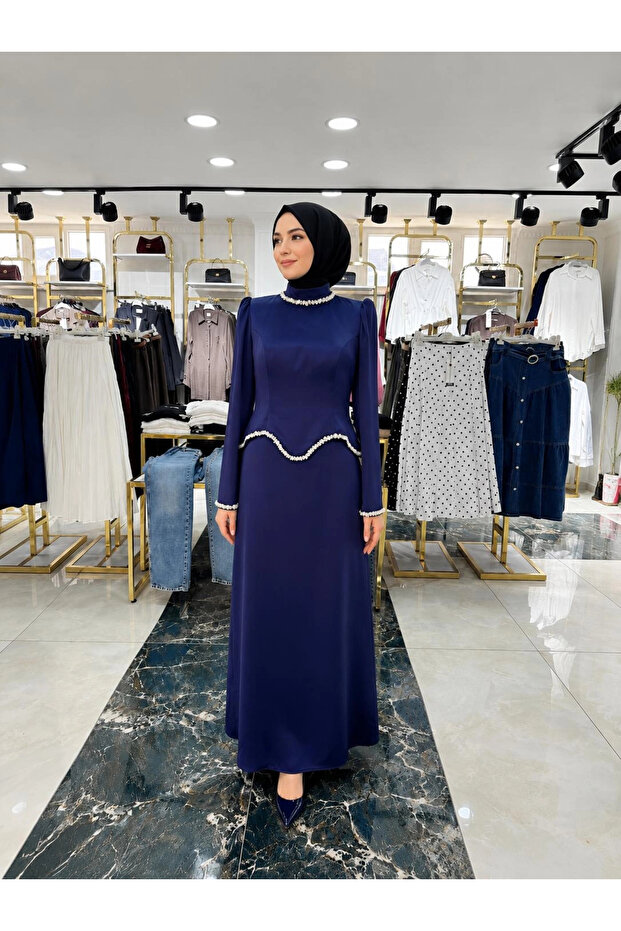 Navy Blue Satin Fabric Stone-Embellished Evening Dress Model