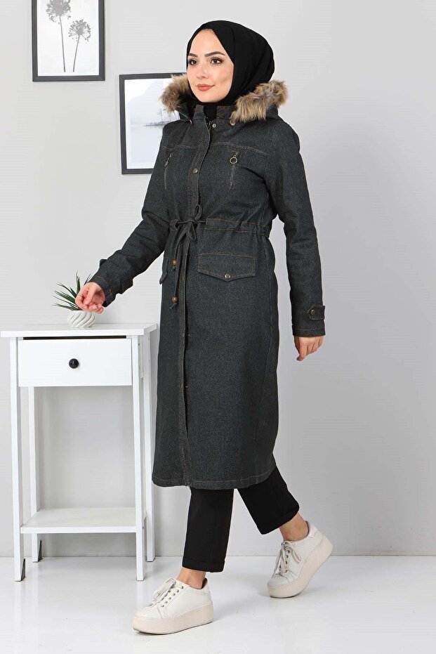 Zipper Detailed Denim Coat Smoked 9735