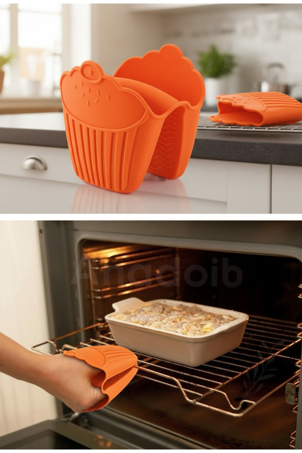 2-Piece Silicone Cupcake Red Oven Mitt, Tray Holder, Microwave Holder, Fireproof Gloves