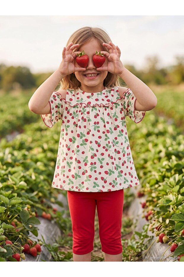 Strawberry Patterned Set for 2-5 Years - Ecru