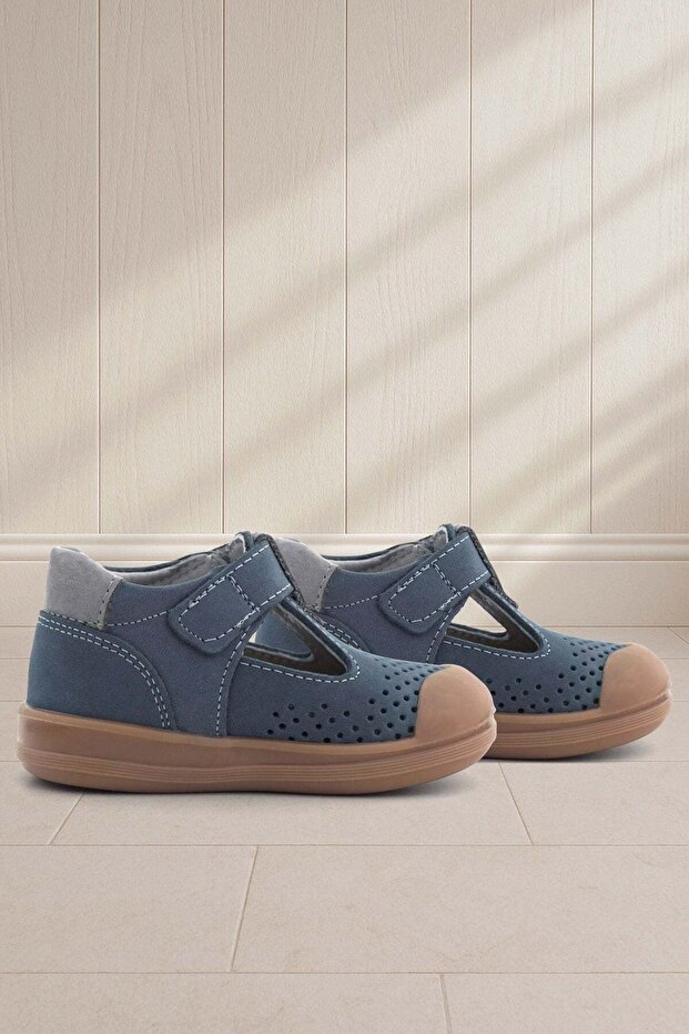 Shaun Genuine Leather Navy Blue Gray Velcro Anatomical Baby Sandals