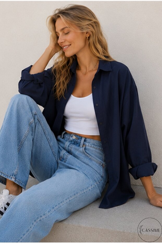 Γυναικείο μακρυμάνικο μπλουζάκι μπλε Navy Oversize Basic