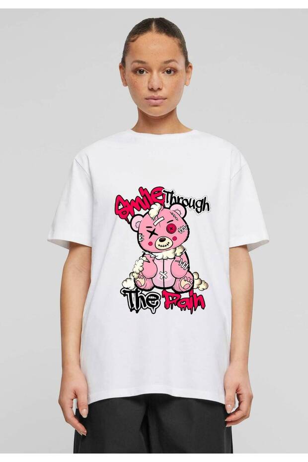 Unisex White Oversize "Smile Pink Bear" Printed Crew Neck Comfortable T-Shirt