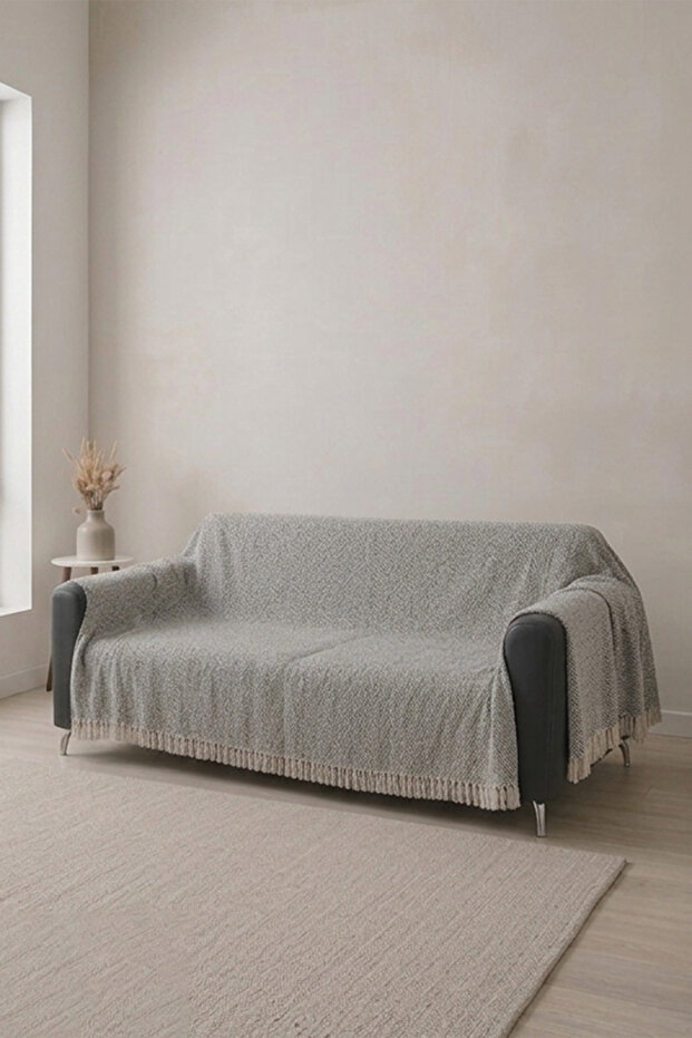 غطاء أريكة قطني، شال أريكة مزين بالشرّابات - بني 170x210 سم