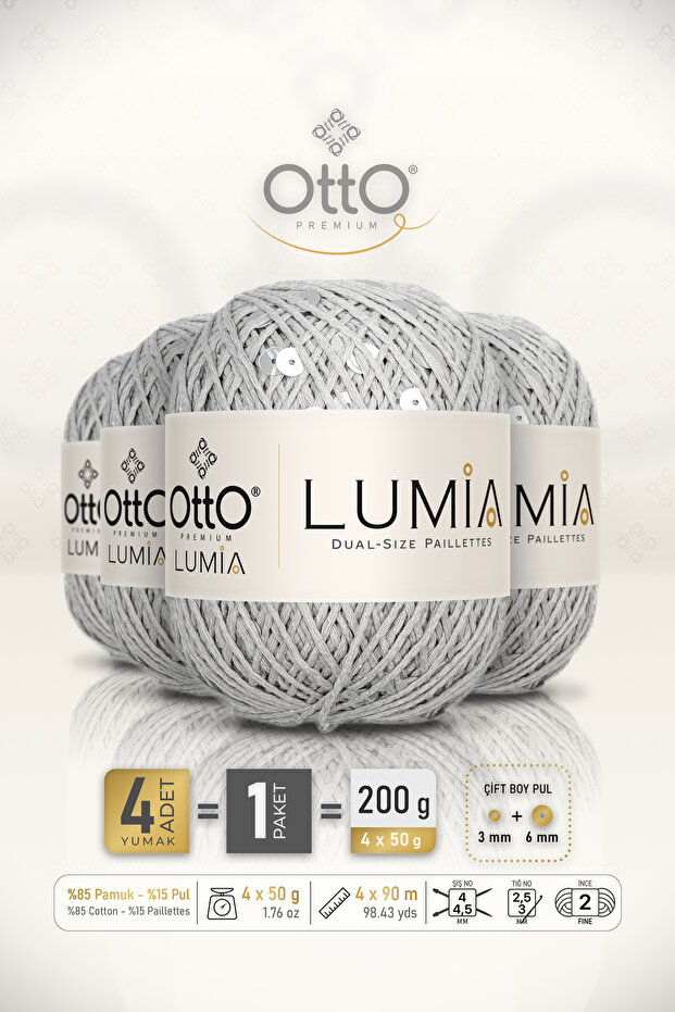 Lumia • Light Grey-Silver (9415) • 4-Pack × 50 Gr / 90 m • 3+6 mm Double Size Sequin Knitting Yarn • Blouse, Shawl, Bandana