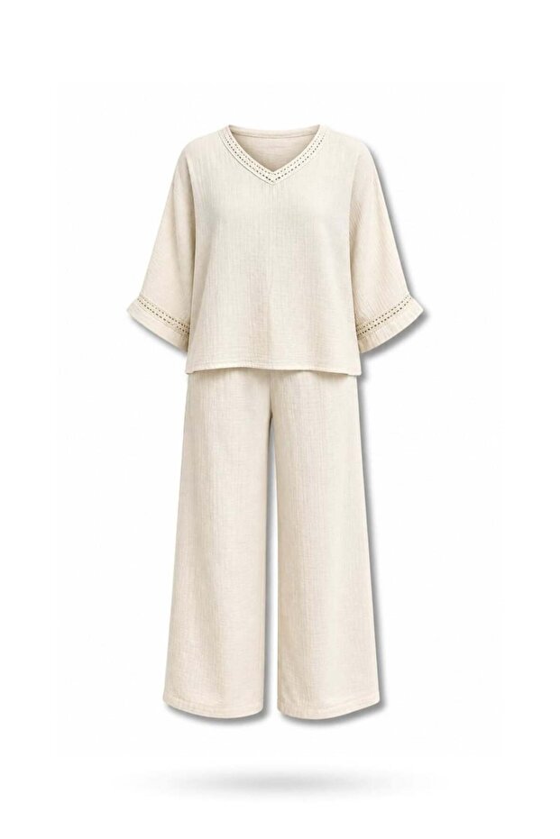 Cream Fisto Detailed Blouse Pants Set 007