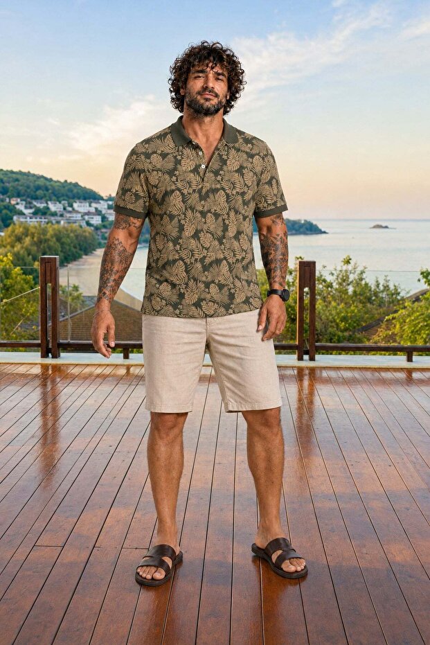 Men's Oversize Polo Neck T-Shirt Hawai 24455 Military Green