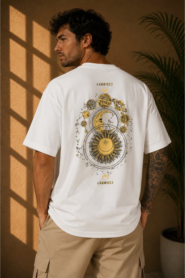 Unisex Plus Size Sun, Moon and Planets Back Detail Printed Oversized t-shirt